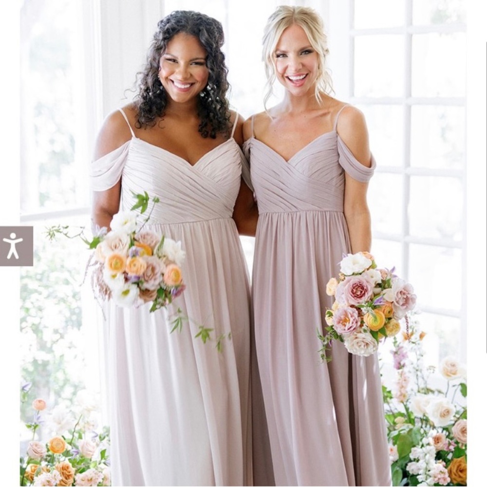 Revelry chiffon bridesmaid dress in Lily style. Champagne color. Size 4.